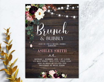 Brunch and Bubbly Bridal Shower Invitation, Wedding Shower Invite, Burgundy Flower Rustic  Bridal Shower Invite, Printable, Digital File