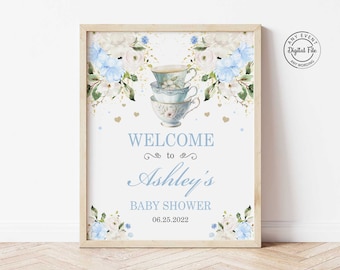 Tea Party Baby Shower Welcome Sign Printable, Baby is Brewing Baby Brunch Party Decor, Blue Floral High Tea Party, Par-Tea Table Sign 1063