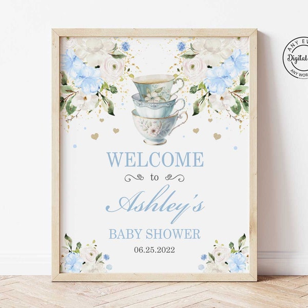 Tea Party Baby Shower Welcome Sign Printable, Baby is Brewing Baby Brunch Party Decor, Blue Floral High Tea Party, Par-Tea Table Sign 1063