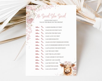 He Said She Said Bridal Shower Game, Holy Cow Bridal Shower Game, Highland Cow Wedding Shower, She's Getting Married, Country Shower Digital