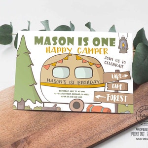 Camping Boy 1st Birthday Invitation, Camper Party Invite Printable, Forest Adventure Camp, Smores First Birthday Invitation