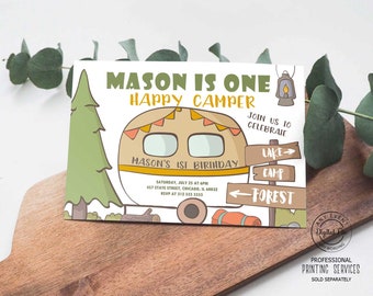 Camping Boy 1st Birthday Invitation, Camper Party Invite Printable, Forest Adventure Camp, S'mores First Birthday Invitation 1032