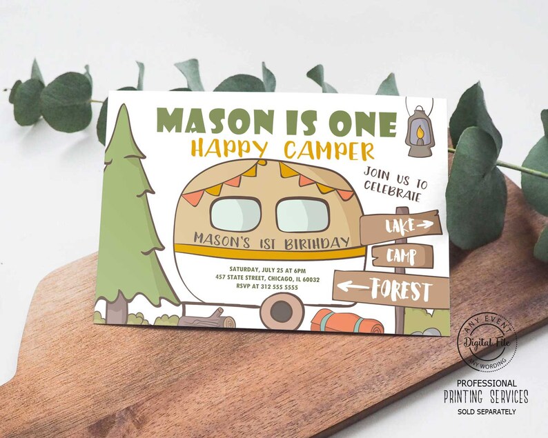 Camping Boy 1st Birthday Invitation, Camper Party Invite Printable, Forest Adventure Camp, Smores First Birthday Invitation