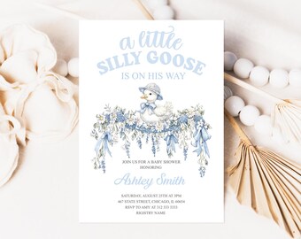 A Little Silly Goose Baby Shower Invitation Boy, Farm Animal Theme Sprinkle Invite, Editable Printable Template, Cute Goose Party Digital