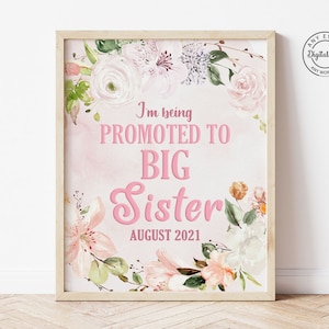 Letrero floral para anunciar el nacimiento de una hermana mayor, anuncio digital de ascenso a hermana mayor, póster imprimible para anunciar el embarazo, póster de pizarra con accesorios fotográficos