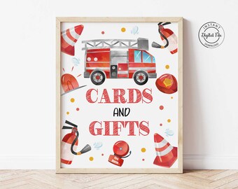 Fire Truck Birthday Cards and Gifts Sign, Sound the Alarm Boy Birthday Printable, Fireman Party Decor, Firefighter Digital Table Sign