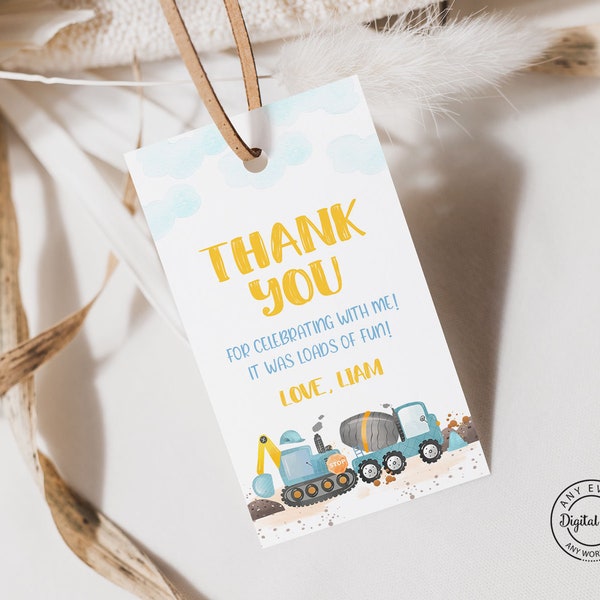 Blue Construction Birthday Party Thank You Tag, Stop the Traffic Close the Road, Trucks Diggers Party Favors, Construction Site Gift Tag