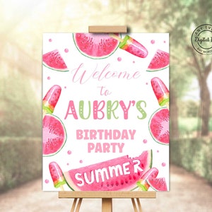 Watermelon Birthday Welcome Sign, Sweet Celebration Summer Party Decor, Melon Picnic Girl 1st Birthday Digital Table Sign, Sweet One