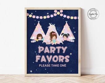 Sleepover Birthday Favors Sign, Girl Slumber Party Decor Party Favors Table Sign Teepee Sleepover, Teen Glamping Pajamas Birthday Printable