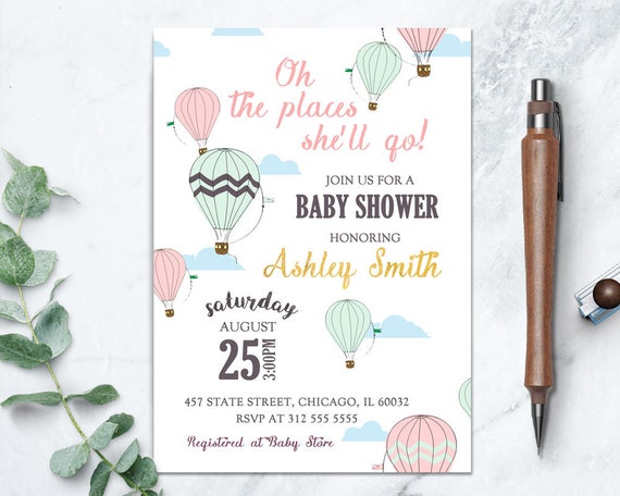 Hot Air Balloon Baby Shower Invitation, Girl Pink Baby Shower Printable Invitation, Girl Travel Baby Shower, Oh the Places She'll Go Il_570xn