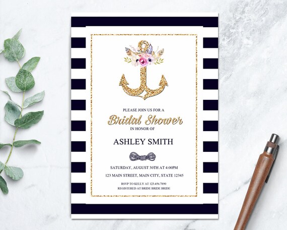 Nautical Bridal Shower Invitation Beach Theme Wedding
