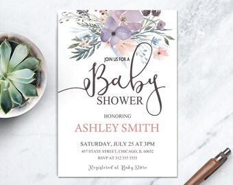 Baby Girl Boho Shower Printable Invite, Boho Floral Baby Shower Invitation, Boho Baby Invite, Bohemian Baby Girl Shower Invitation