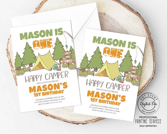 One Happy Camper First Birthday Invitation, Boy 1st Birthday, Camp Party Invite, Forest First Birthday Outdoors Camping, Little Camper 1032 Il_570xn