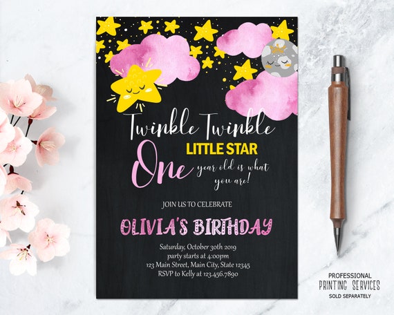 Watercolor Twinkle First Birthday Invitation for Girl Printable or Printed Il_570xn