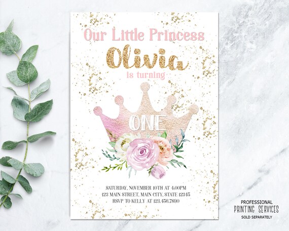 Princess First Birthday Invitation for Girl, Floral Crown 1st Birthday Invite Il_570xn