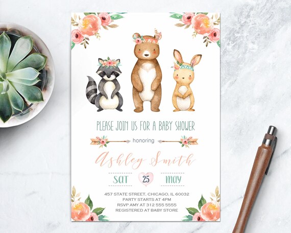 Woodland Animals Baby Shower Printable Invitation, Forest Party Baby Girl Invite, Boho Floral Baby Shower Digital Invite, Personalized Il_570xn