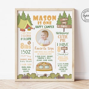 Camping Boy 1st Birthday Poster, Forest Adventure Camp Milestone Party Sign, Smores First Birthday Table Decor, Printable Decoration