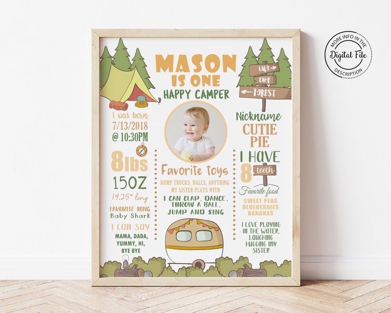 Camping Boy 1st Birthday Poster, Forest Adventure Camp Milestone Party Sign, Smores First Birthday Table Decor, Printable Decoration