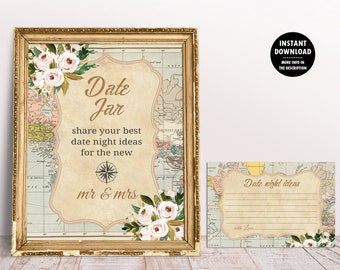 Date Jar Bridal Game Imprimable, carte du monde vintage Thème de voyage Douche nuptiale, panneau 8x10 et carte message 4x6 1014