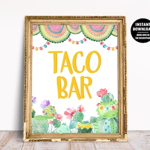 Fiesta Taco Bar nourriture table signe, thème cactus anniversaire bébé ou baby shower, décoration de fête tacos imprimable, anniversaire mexicain