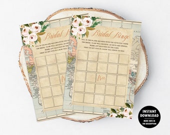 World Map Bridal Shower Games Printable, Travel Theme Bridal Bingo Sheet Downloadable 1014