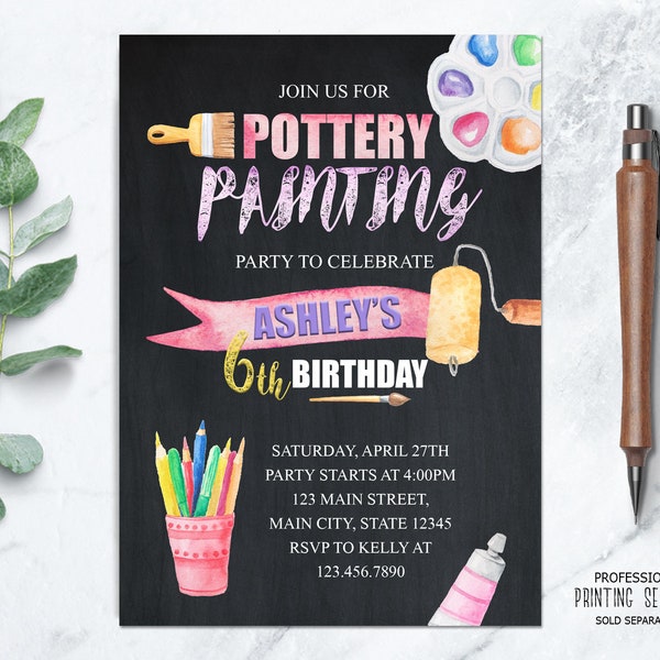 Pottery Painting Invitation Personalized, Arts and Crafts Party