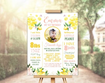 Sweet One Birthday Poster, 1st Birthday Lemon Floral Sign, Lemon Girl Milestone Decor Sign, Citrus Party Table Sign, She' s a Sweet One 1055