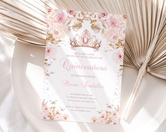 Floral Pink Quinceanera Invitation, Tiara Sweet 16th Birthday, Mis Quince Invite, Mis Xv Anos Invitation, Quince Party, Girl 15th Birthday