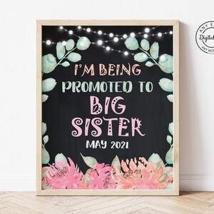 Pizarra floral con anuncio de ascenso a hermana mayor, póster de utilería para sesión de fotos de hermanas, letrero de anuncio de embarazo de hermana mayor, acuarela