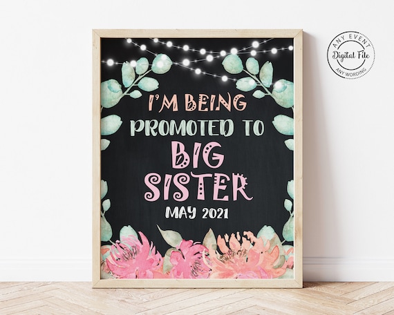 Floral Chalkboard Promoted to Big Sister Announcement, Sister Photoshoot Prop Poster, Big Sister Sign Pregnancy Announcement, Watercolor Il_570xn
