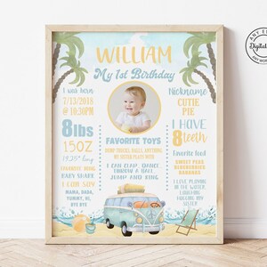 May include: A blue and yellow first birthday sign featuring a photo of a baby boy. The sign includes the baby's name, William, and details about his birth, weight, height, favourite foods, and activities. The sign has a beach theme with palm trees, a surfboard, and a vintage van.