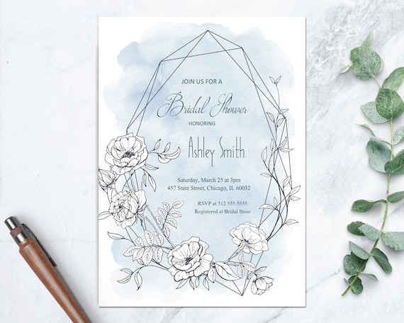 Modern Watercolor Floral Bridal Shower Invitation Printable, Geometrical Floral Wreath Blue and White Il_570xn