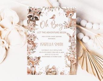 Oh Boy Woodland Baby Shower Invitation, Let the Adventure Begin Baby Sprinkle Invite, Forest Animals Party, Floral Forest Baby Shower
