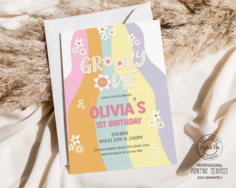 Groovy One Birthday Invitation, Hippie First Birthday Party Invite, Daisies and Rainbow Invite, 1st Birthday Party Invite