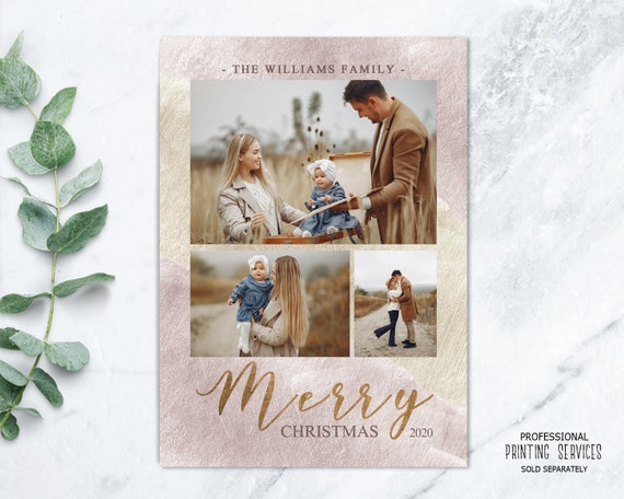 Rose Gold and Beige Modern Christmas Family Photo Card, Merry Christmas Greeting Card, Happy Holidays Printable Card Il_570xn