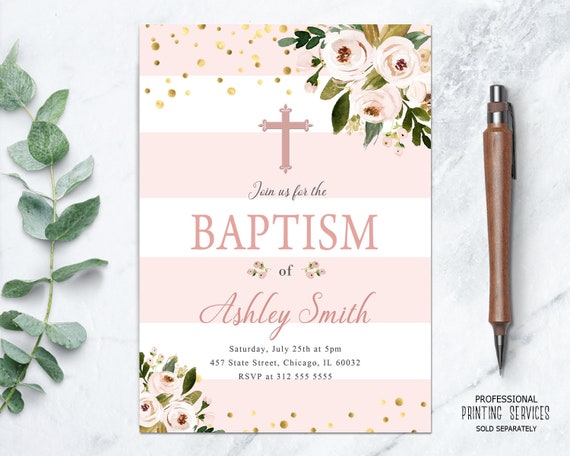 Floral Girl Baptism Invitation, Pink and Gold Christening or 1st Holy Communion Invite Printable or Printed Il_570xn