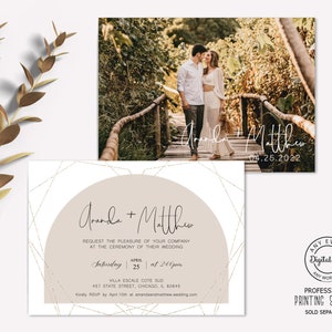 Modern Minimalist Wedding Invitation, Photo Wedding Invite Printable, Elegant Beige and White Rehearsal Dinner, Save the Date Card