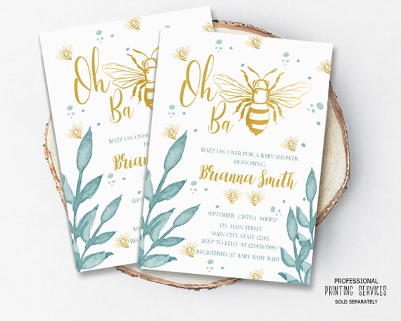 Floral Honey Bee Baby Shower Invitation Printable, Bumble Bee Sprinkle or Twins Party Invite Gold and Green, Sweet Little Bee Il_570xn