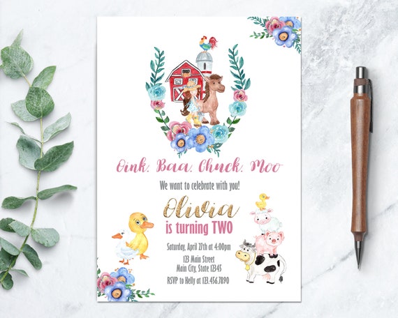 Floral Farm Animals Girl Birthday Invitation Printable, Barnyard Outdoor Party Il_570xn