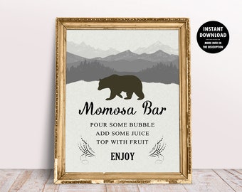 Baby Shower Mimosa Bar Sign, Bear Baby Shower Decor, Mom-osa Printable Sign, Woodland Baby Party Decor Sign, Forest Theme Baby Shower