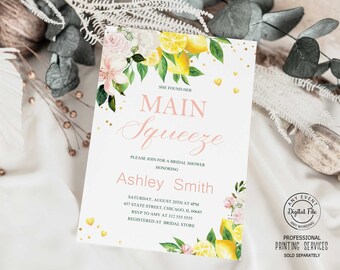 May include: A bridal shower invitation with a watercolor illustration of lemons, flowers, and gold glitter. The text reads "She found her Main Squeeze" and includes details for the event, such as the date, time, location, and RSVP information.