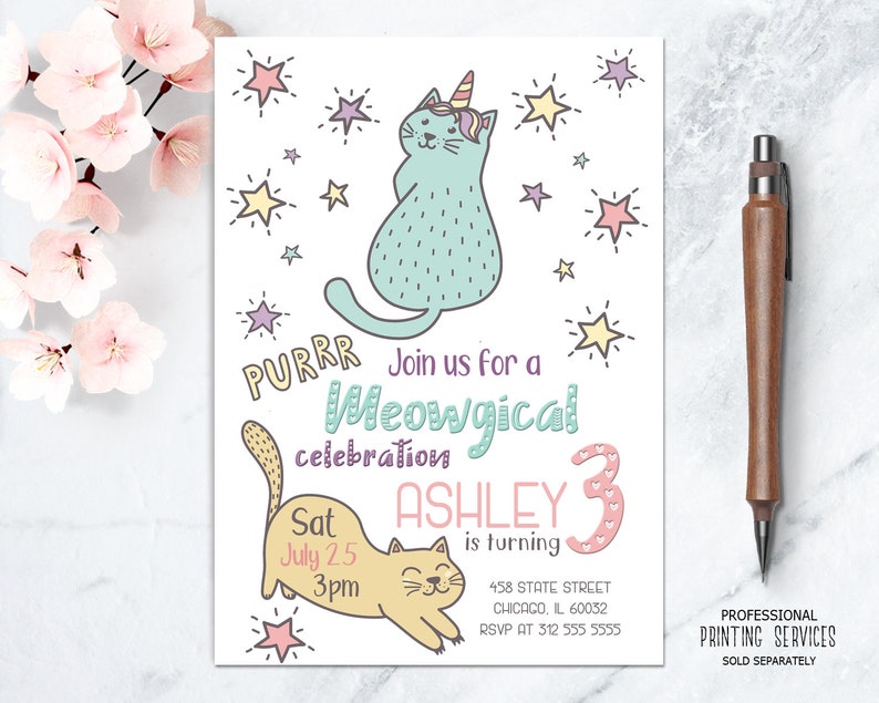 Cat Unicorn Birthday Invitation Magical Caticorn Party - Etsy