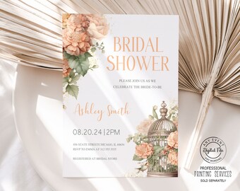 Vintage Birdcage Bridal Shower Invitation, Pink Floral Bird Cage Wedding Shower Invite, Shabby Chic Bridal Luncheon, Garden Bridal Brunch