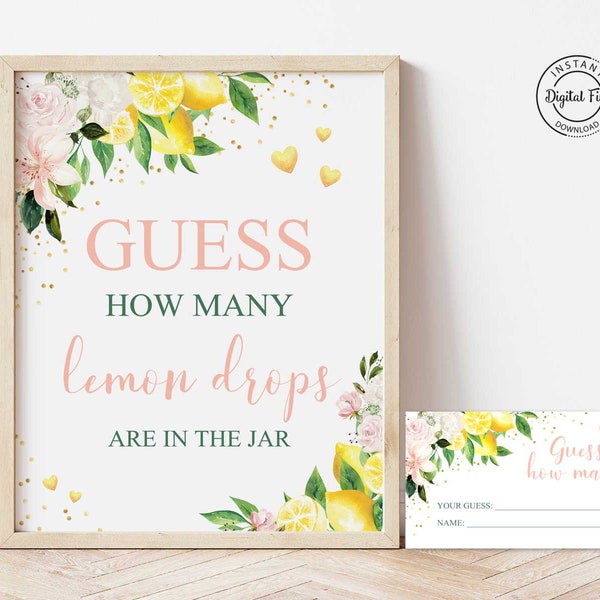 Guess How Many Lemon Drops Game Printable, Citrus Lemon Baby or Bridal Shower Digital Game, Floral Lemonade Summer or Spring Party 1055