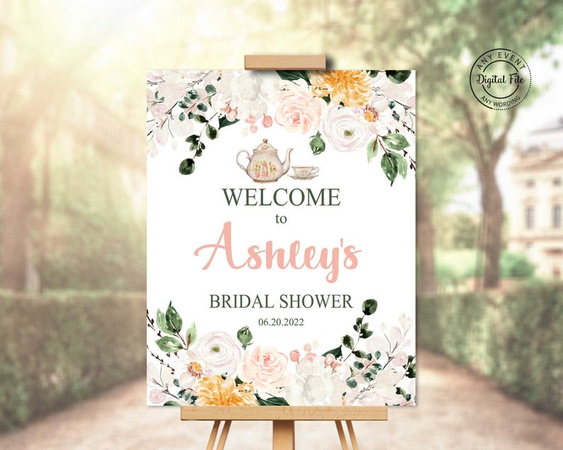 Tea Party Bridal Shower Welcome Sign, Bridal Tea Party Decorations, High Tea Bridal Bruch Decor, Love is Brewing Luncheon Table Sign