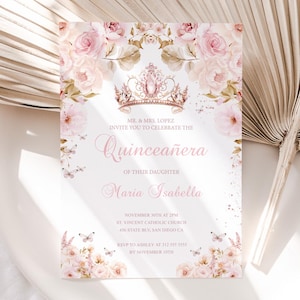Blumen Rosa Quinceanera Einladung, Tiara Süßer 16.Geburtstag, Mis Quince Invite, Mis Xv Anos Einladung, Quince Party, Mädchen 15.Geburtstag