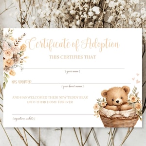 Certificat d'adoption floral avec ours en peluche, pique-nique avec ours en peluche, fête ours en peluche garçon, cadeaux d'adoption d'un animal en peluche, décoration de pique-nique avec ours en peluche