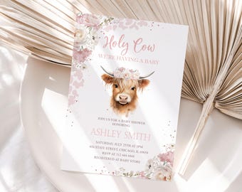 Holy Cow Baby Shower Invitation, Highland Cow Baby Sprinkle Invite, We're Having a Baby, Farm Theme Party, Cow Print Country Couples Shower