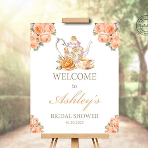 Tea Party Bridal Shower Welcome Sign, Teapot and Teacup Wedding Shower Decor, Tea With the Bride to be, High Tea Love is Brewing Table Sign