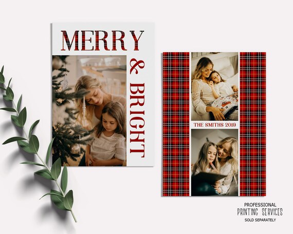 Merry and Bright Red Buffalo Check Plaid Holiday Cards With Photo, Christmas Greeting Card Printable Il_570xn